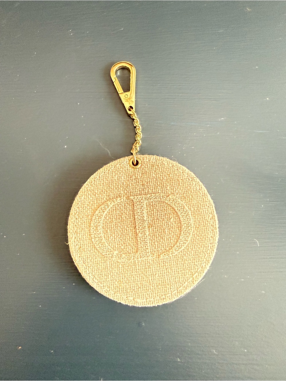 Dior Beige Embroidered CD Round Key Charm with mirror and Gold Hardware